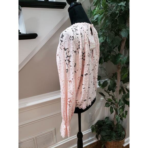 Free People Olivia Romantic Pink Lace Round Neck Flare Sleeve Blouse Size XS - Picture 6 of 15